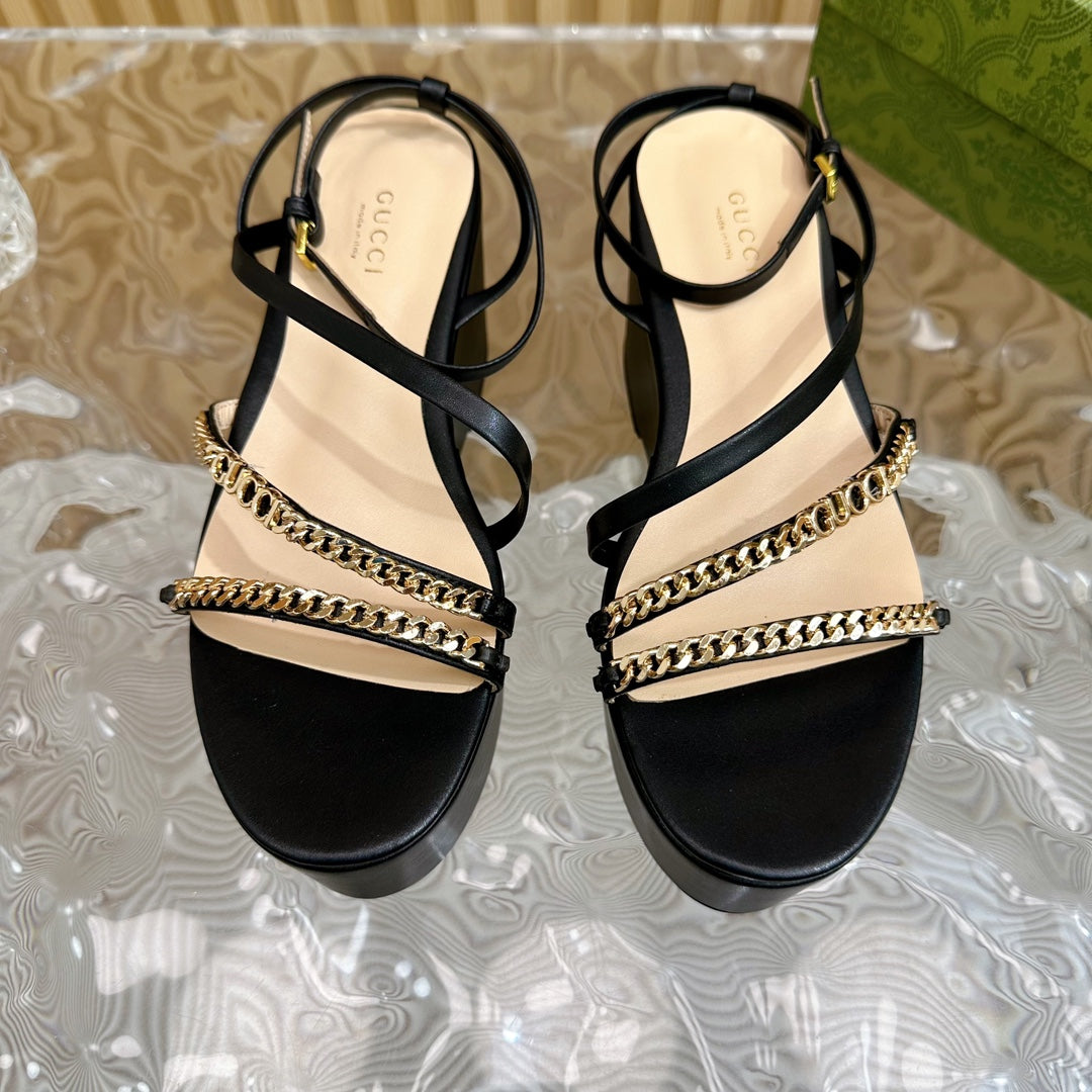 GG PLATFORM SANDAL BLACK CALFSKIN WITH CHAINS