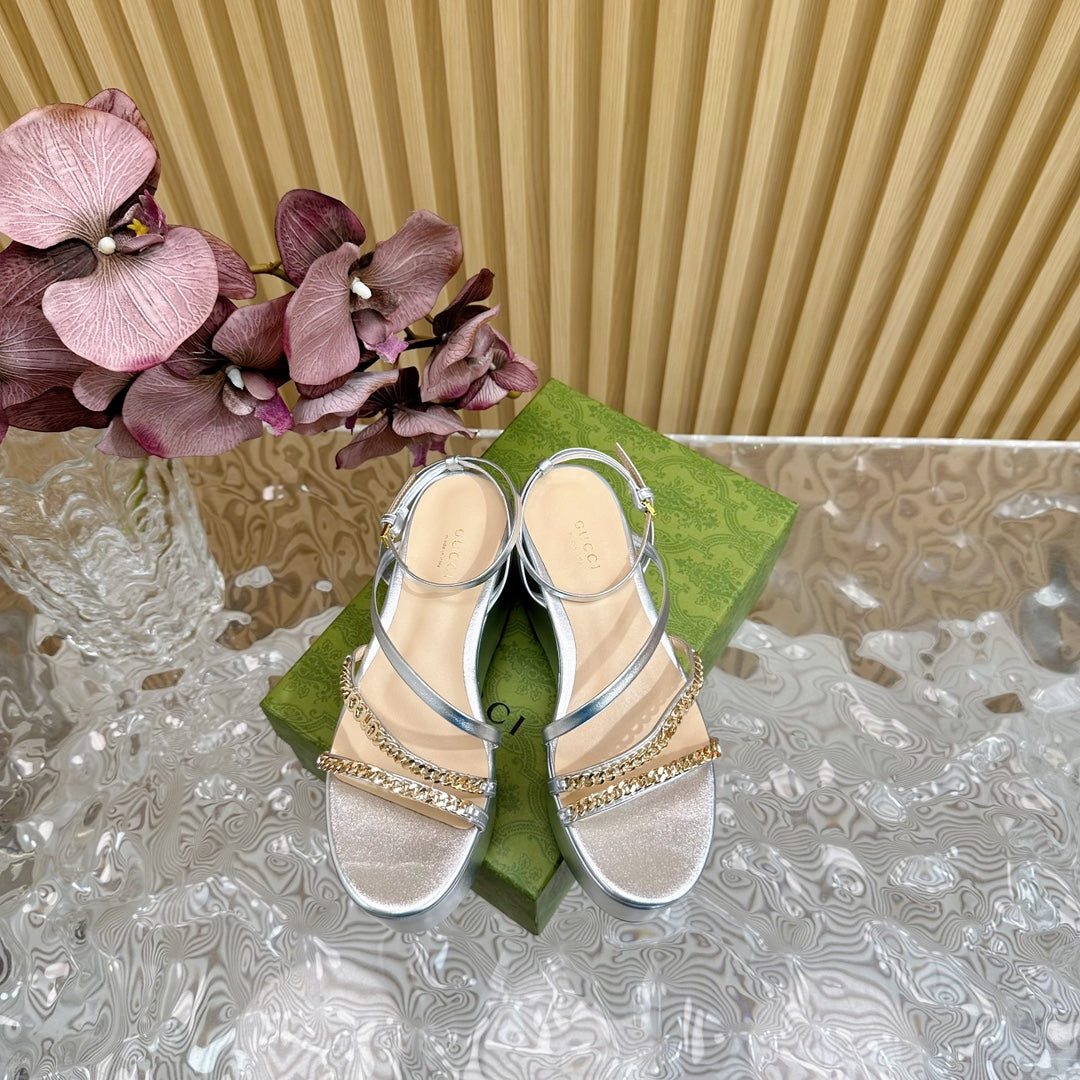 GG PLATFORM SANDAL SILVER CALFSKIN WITH CHAINS