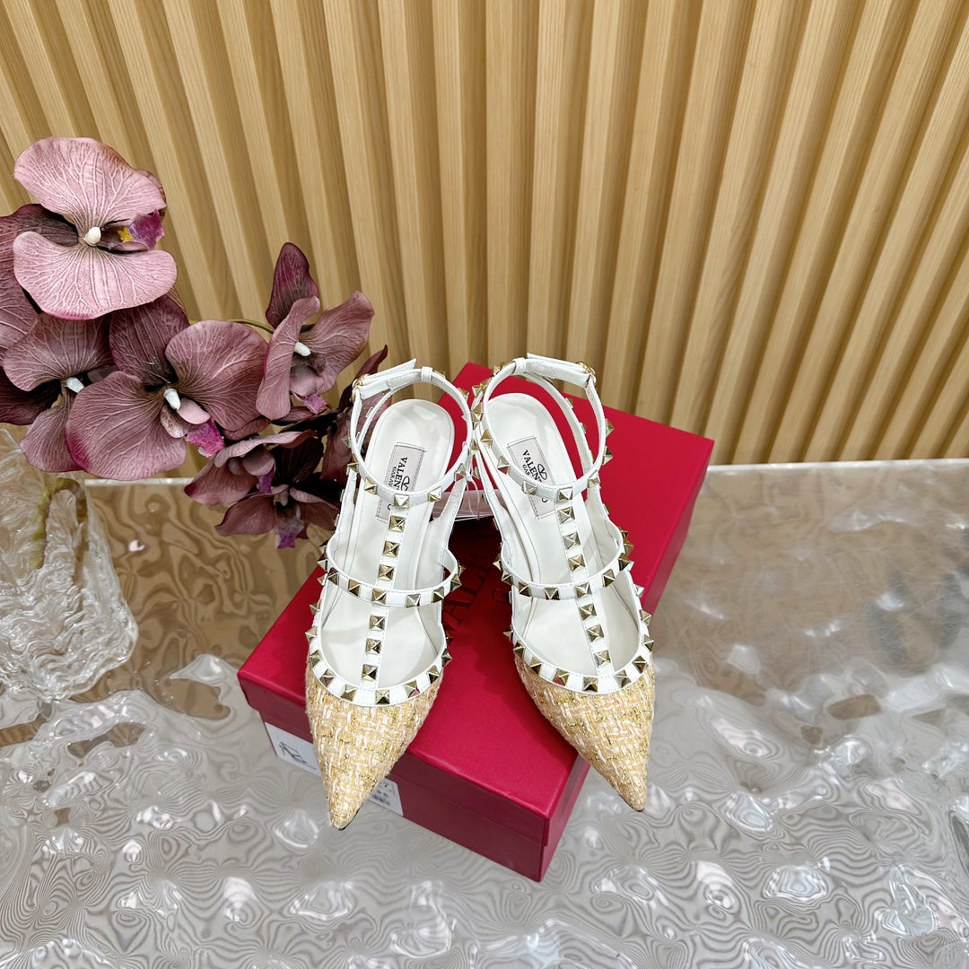 Rockstud Pump In Dark Beige Mix White Pied-de-poule Fabric And Cowhide 95mm 102083