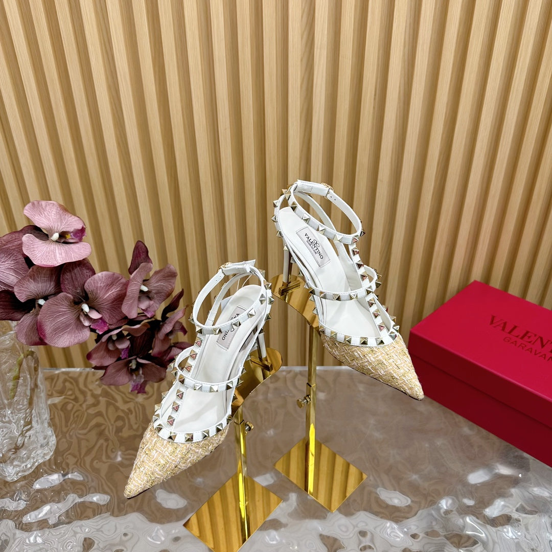Rockstud Pump In Dark Beige Mix White Pied-de-poule Fabric And Cowhide 95mm 102083
