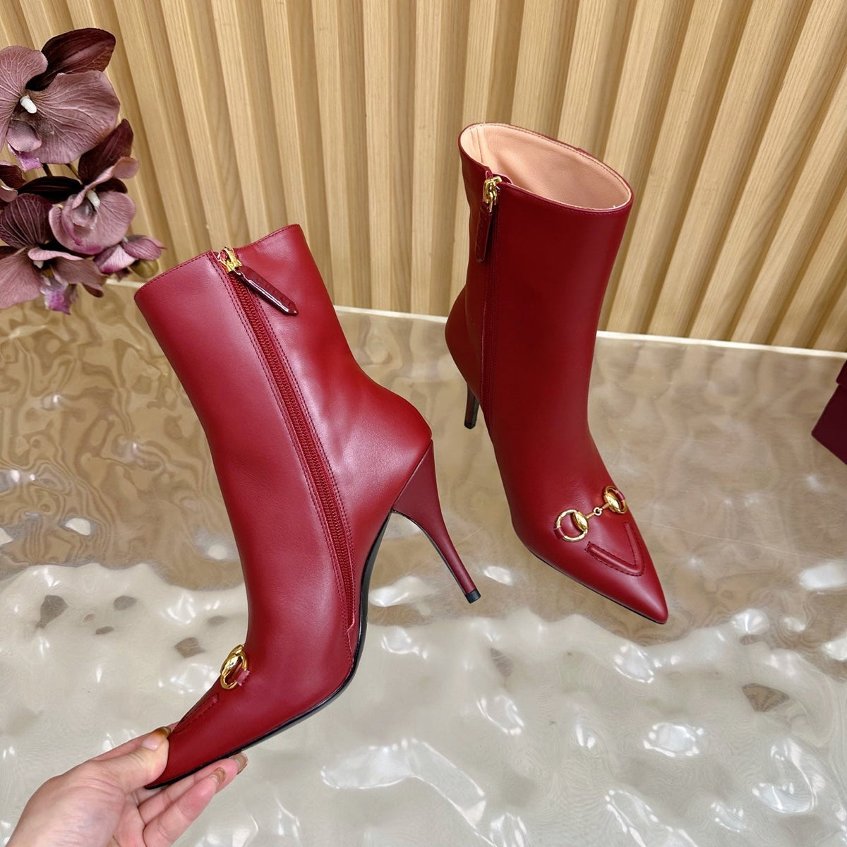 Gucci 2025 Thick-heeled Square-toed Ankle Boots Red Sheepskin 498068