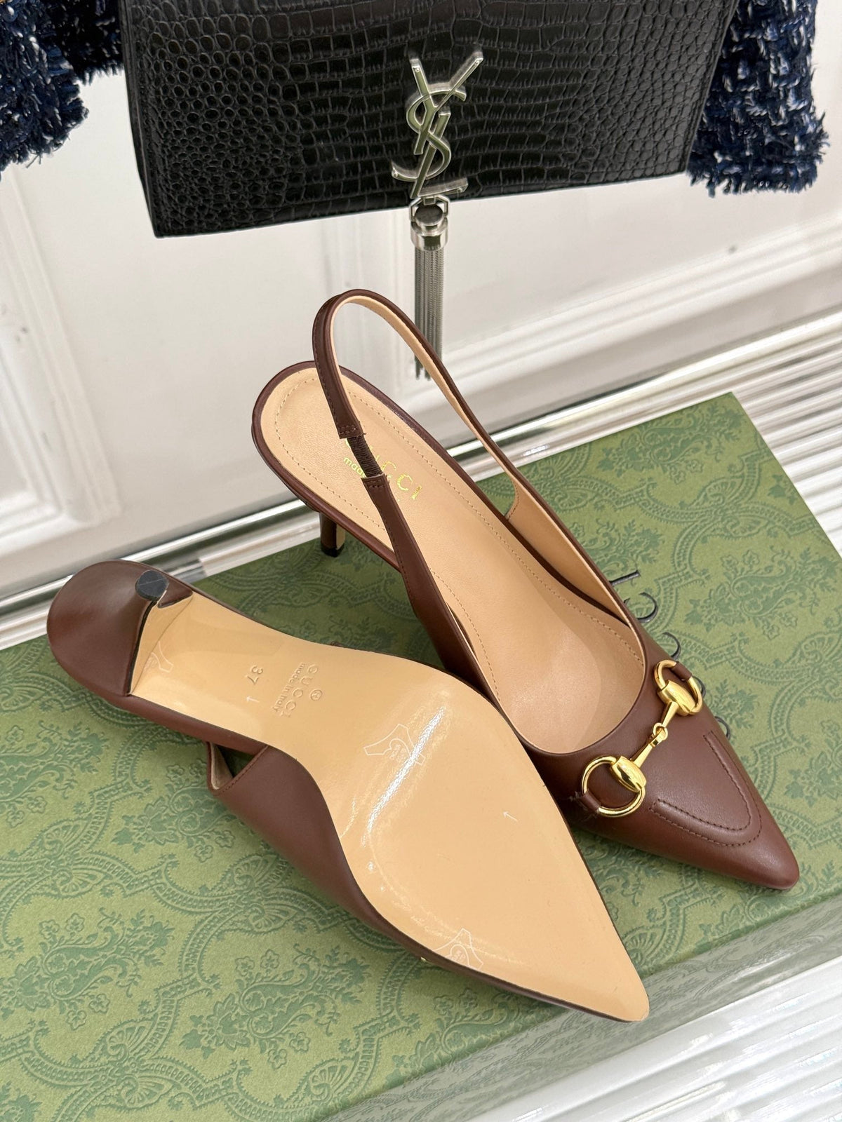 GG Horsebit Slingback 85MM Brown Leather Point Toe