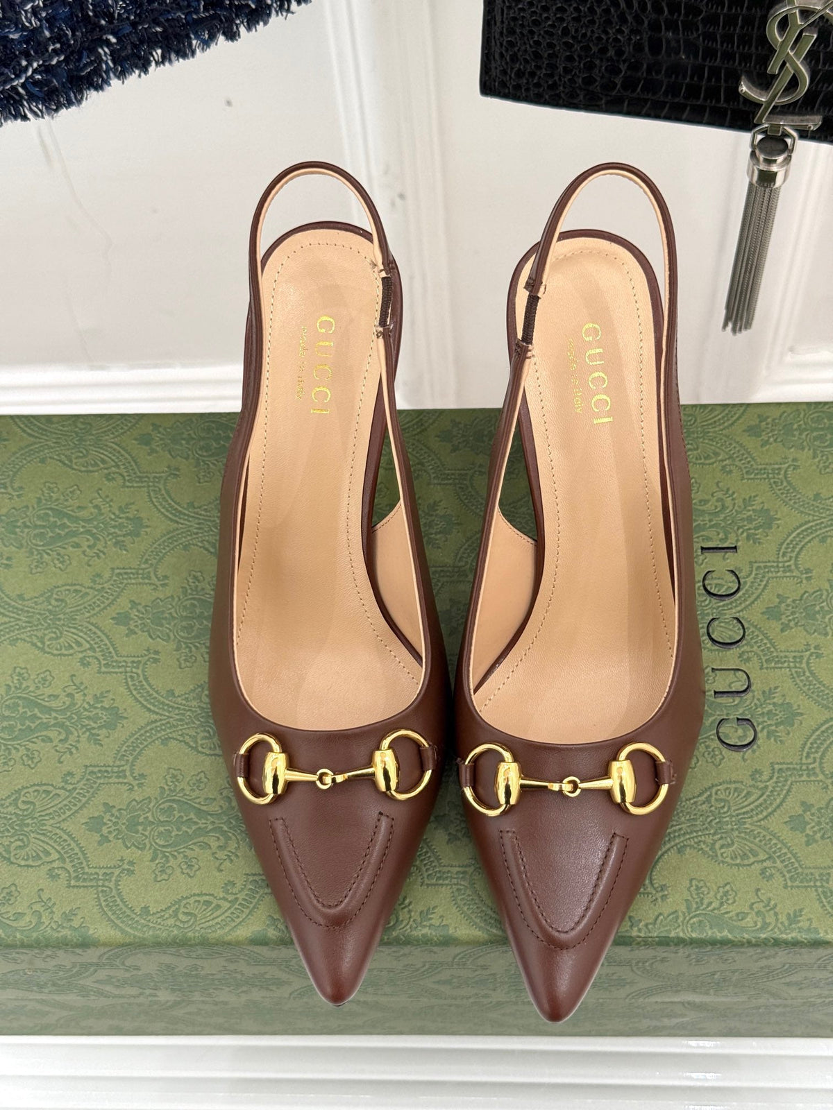 GG Horsebit Slingback 85MM Brown Leather Point Toe