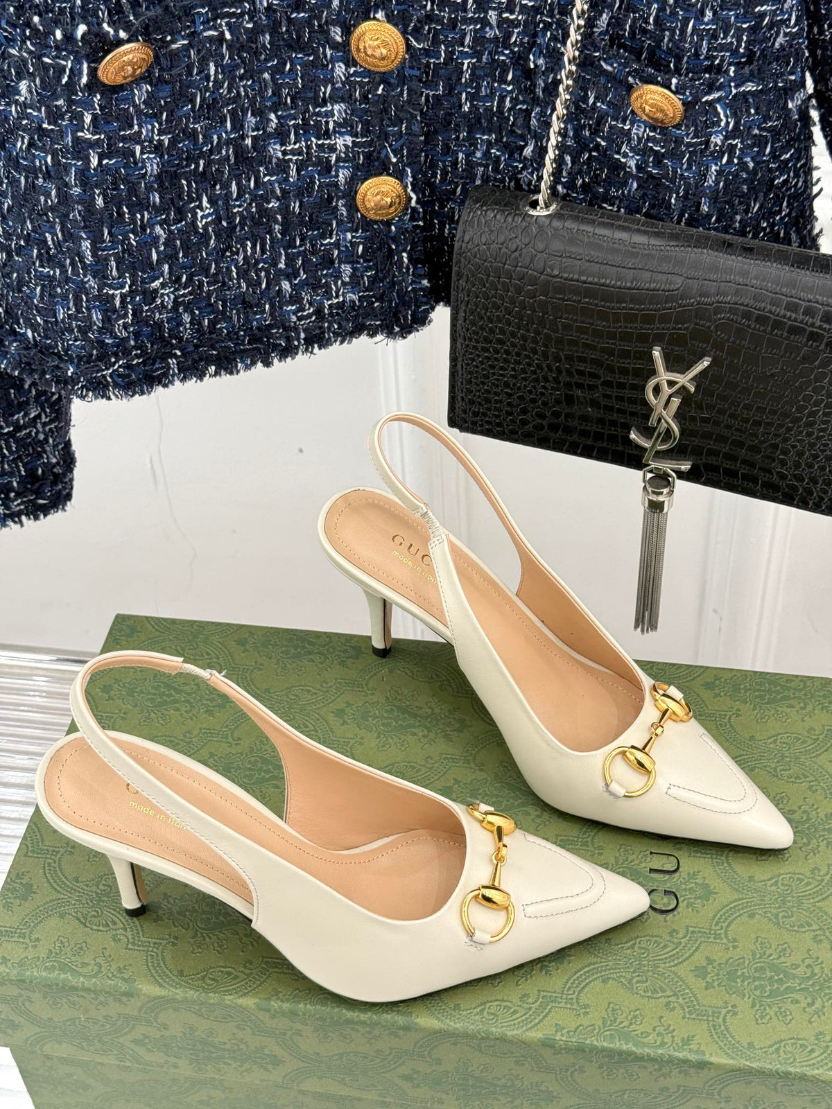 GG Horsebit Slingback 85MM Cream Leather Point Toe