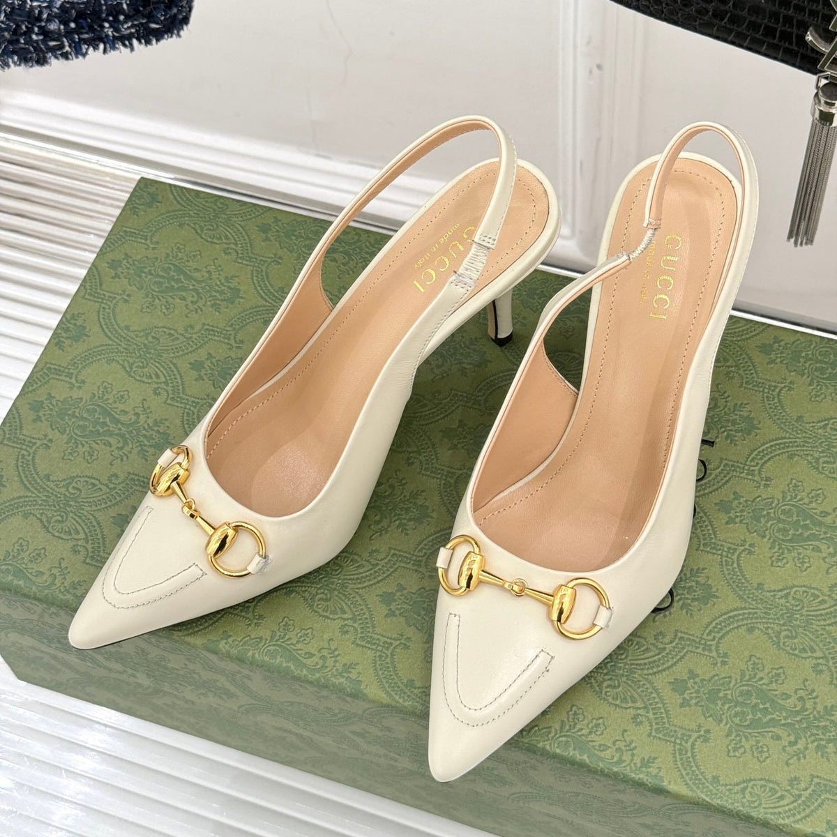 GG Horsebit Slingback 85MM Cream Leather Point Toe