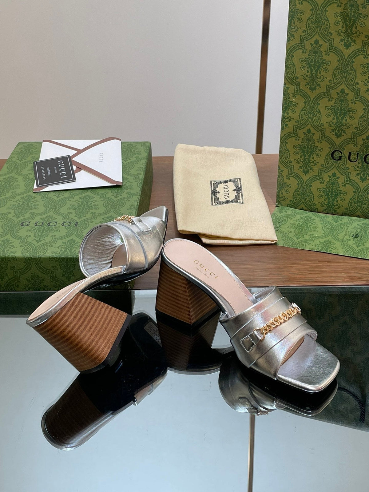 GG SIGNORIA SLIDE SANDAL SILVER DENIM