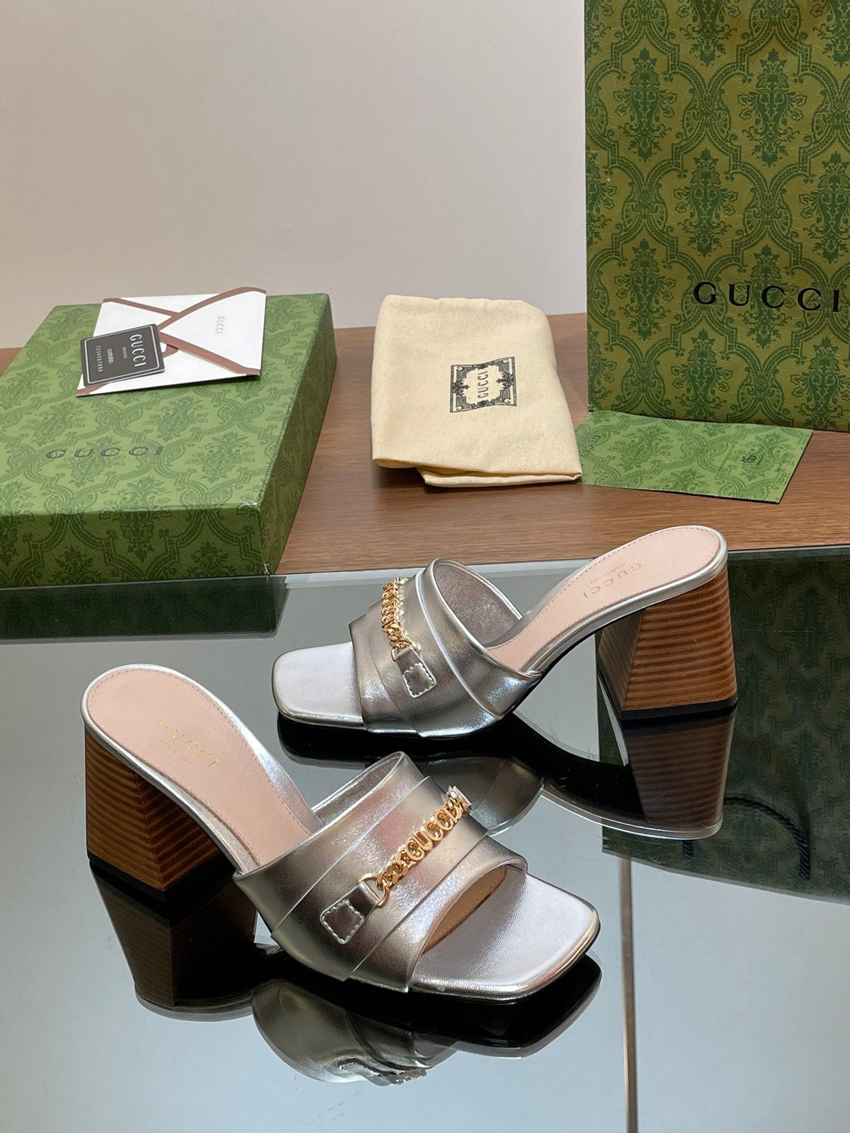 GG SIGNORIA SLIDE SANDAL SILVER DENIM