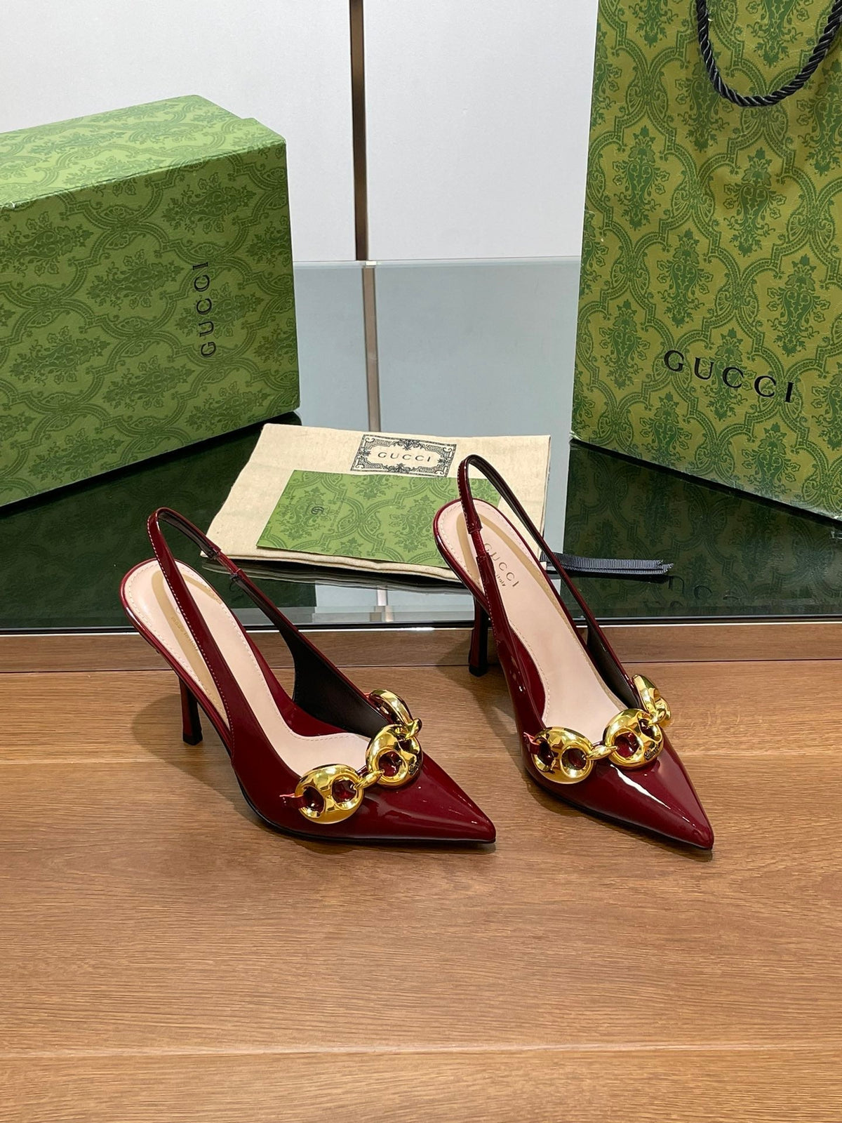 GG HIGH SLINGBACK 10.5 CM IN WINE RED GLOSSY CALFSKIN