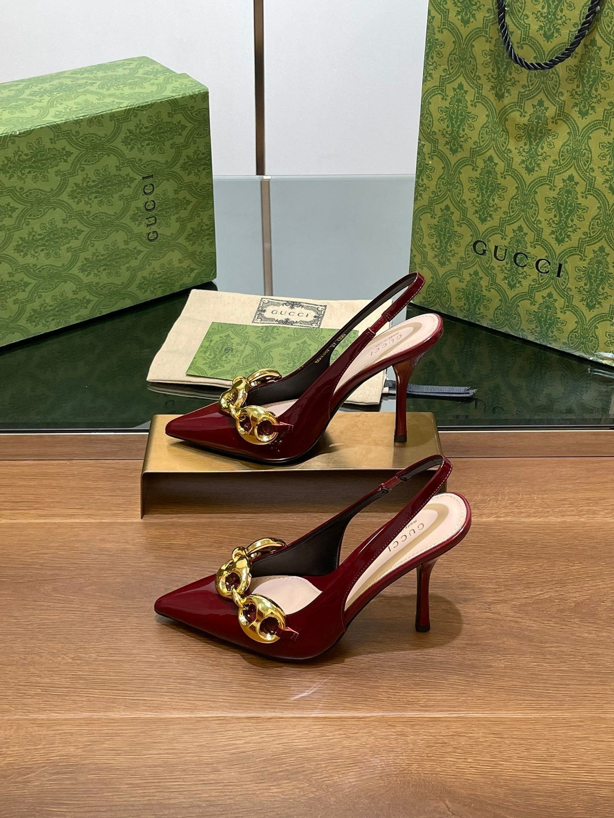 GG HIGH SLINGBACK 10.5 CM IN WINE RED GLOSSY CALFSKIN