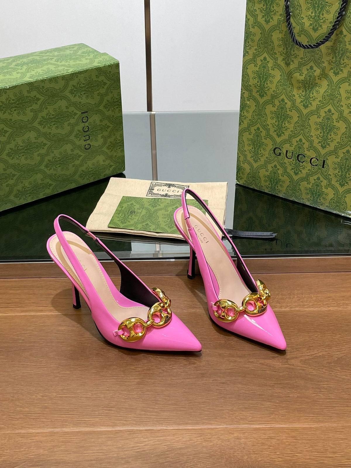 GG HIGH SLINGBACK 10.5 CM IN FUSICA PINK GLOSSY CALFSKIN