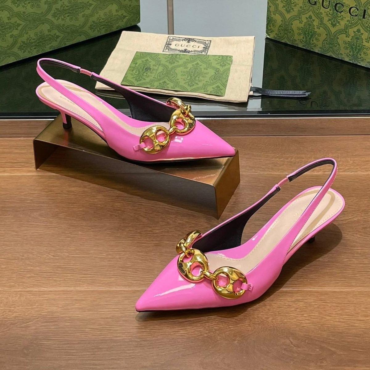GG MID-HEELED SLINGBACK 4.5 CM IN FUSICA PINK GLOSSY CALFSKIN