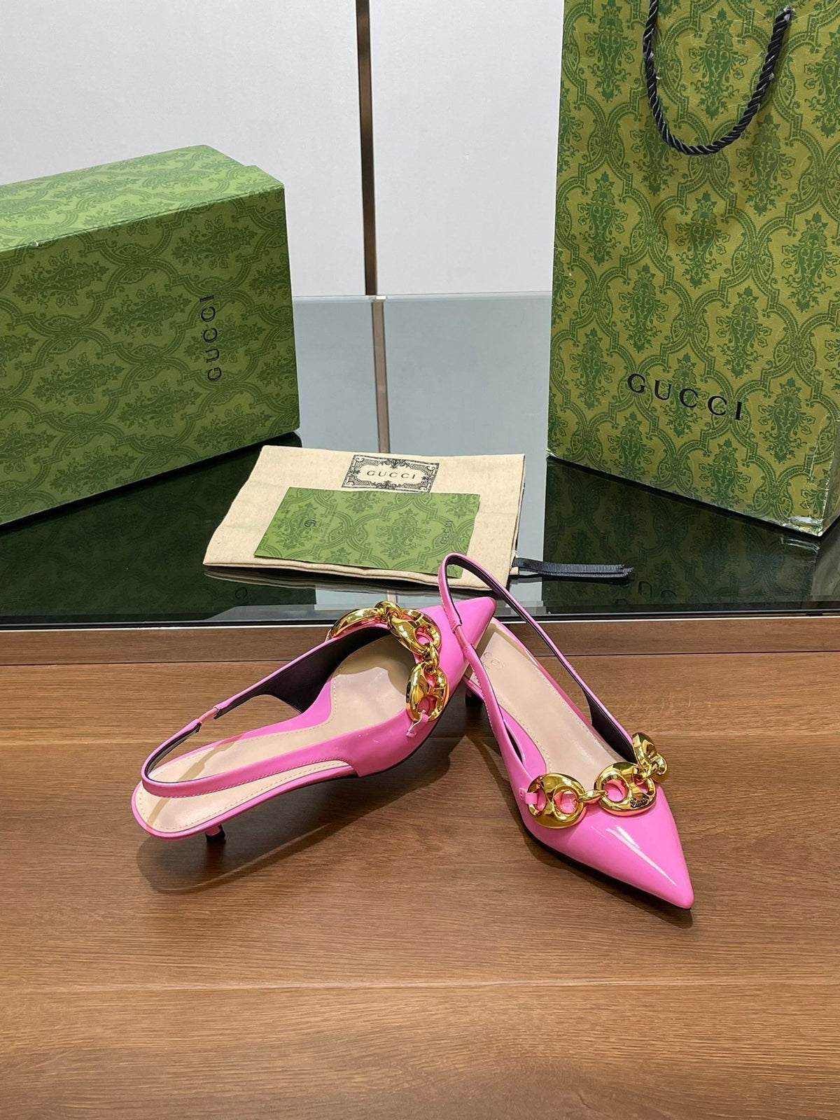 GG MID-HEELED SLINGBACK 4.5 CM IN FUSICA PINK GLOSSY CALFSKIN