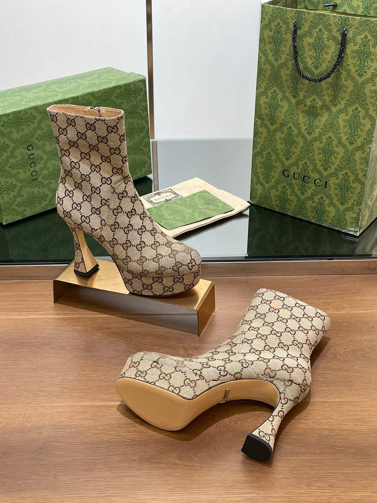 GG SHORT BOOTS 11.5 CM IN CAMEL BROWN MONOGRAM JACQUARD FABRIC