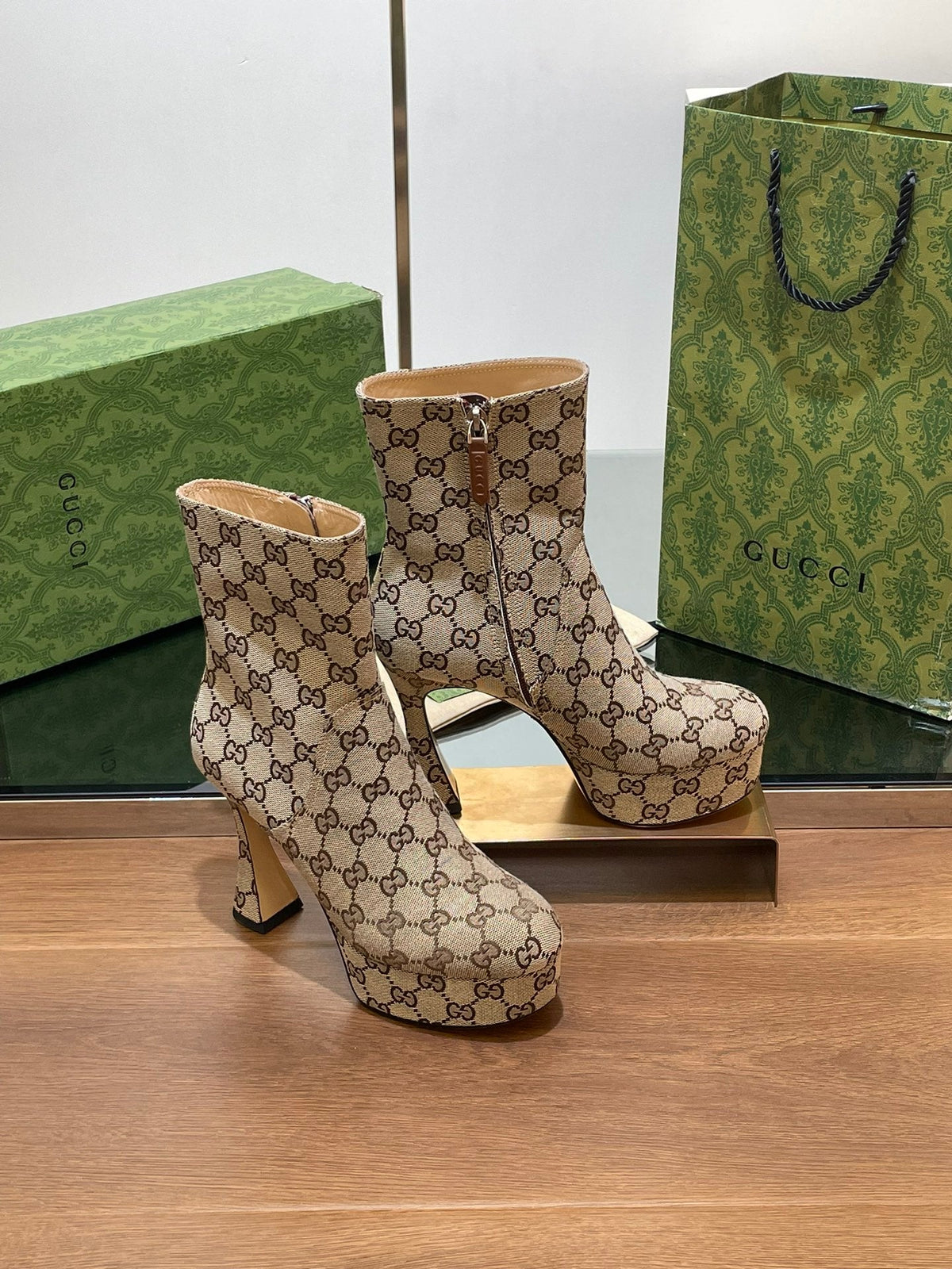 GG SHORT BOOTS 11.5 CM IN CAMEL BROWN MONOGRAM JACQUARD FABRIC