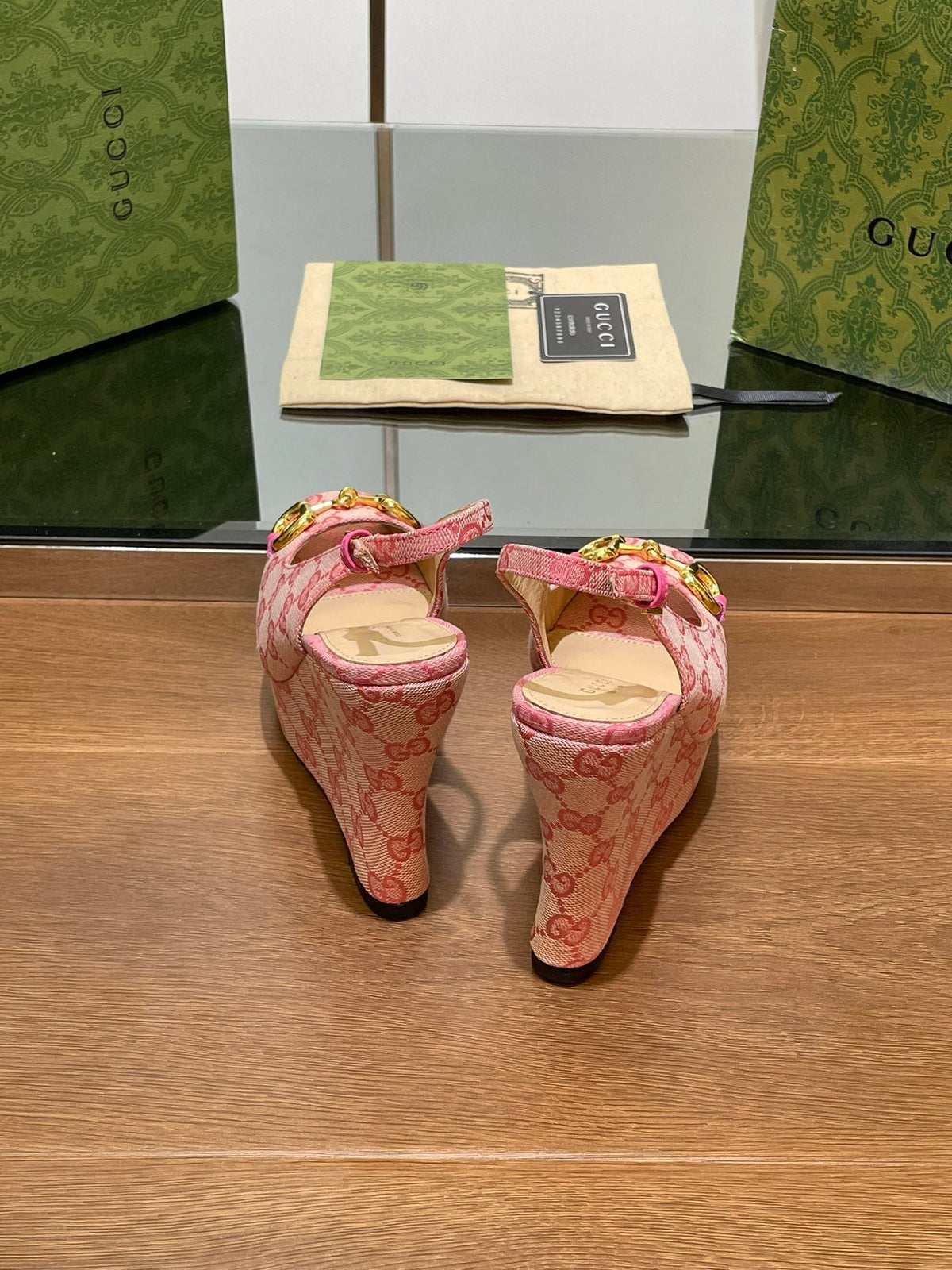 GG WEDGE PLATFORM IN LIGHT PINK MONOGRAM JACQUARD FABRIC