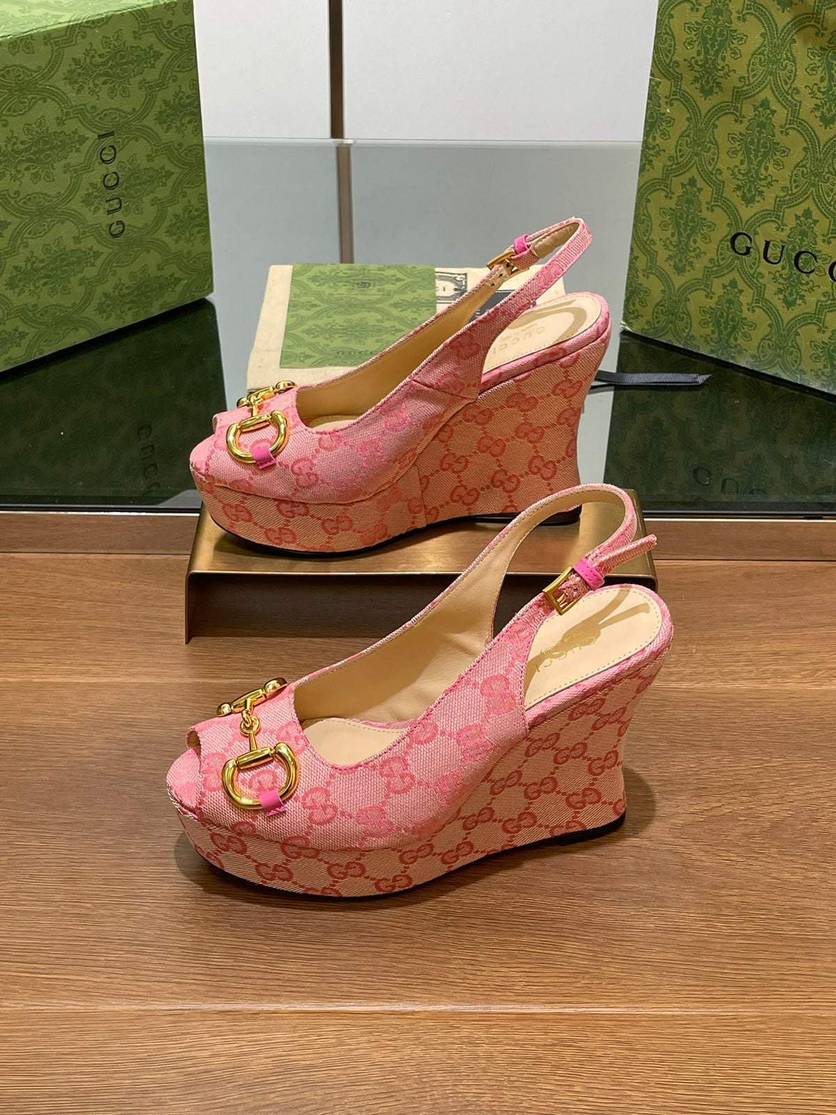 GG WEDGE PLATFORM IN LIGHT PINK MONOGRAM JACQUARD FABRIC