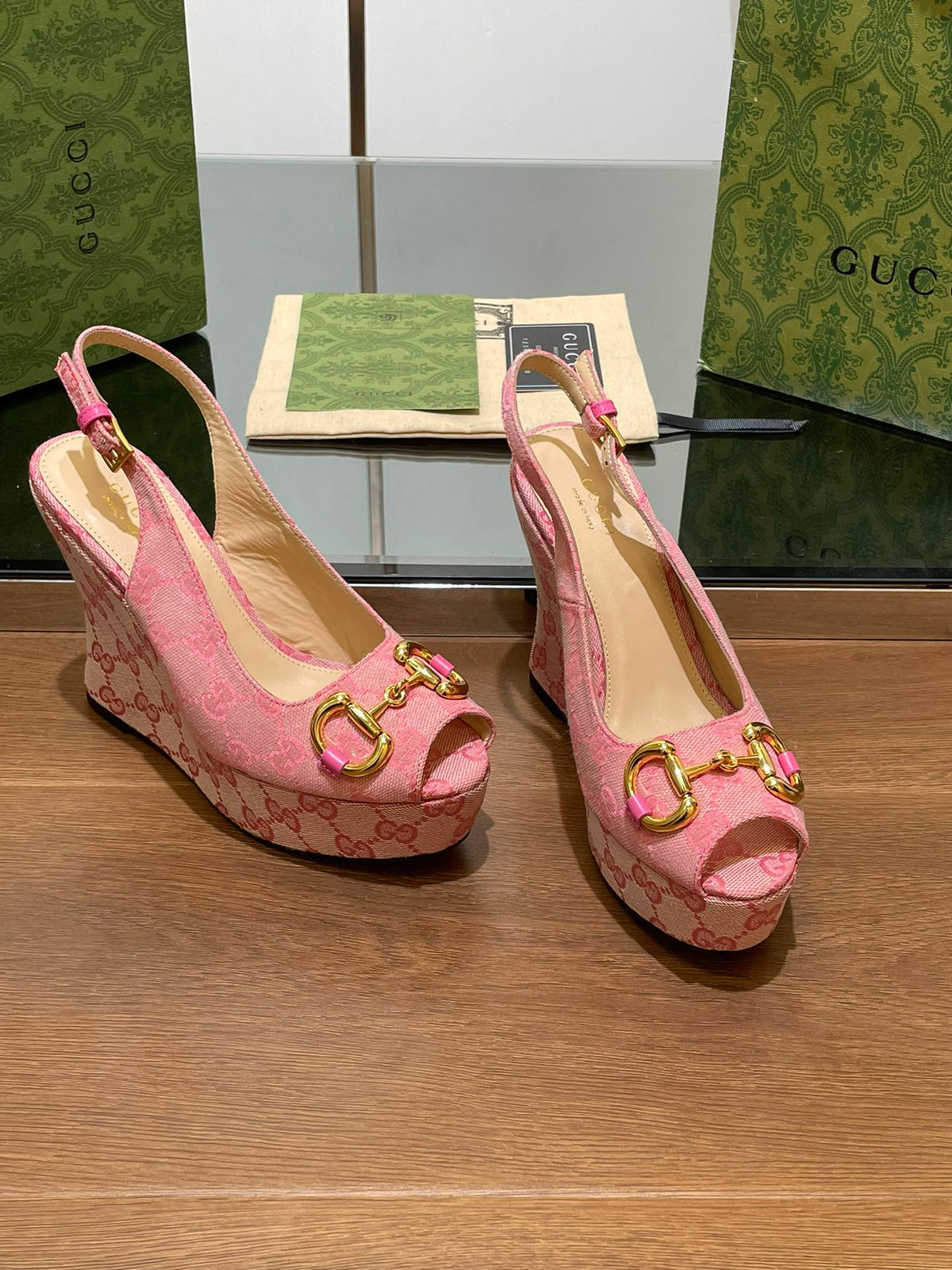 GG WEDGE PLATFORM IN LIGHT PINK MONOGRAM JACQUARD FABRIC