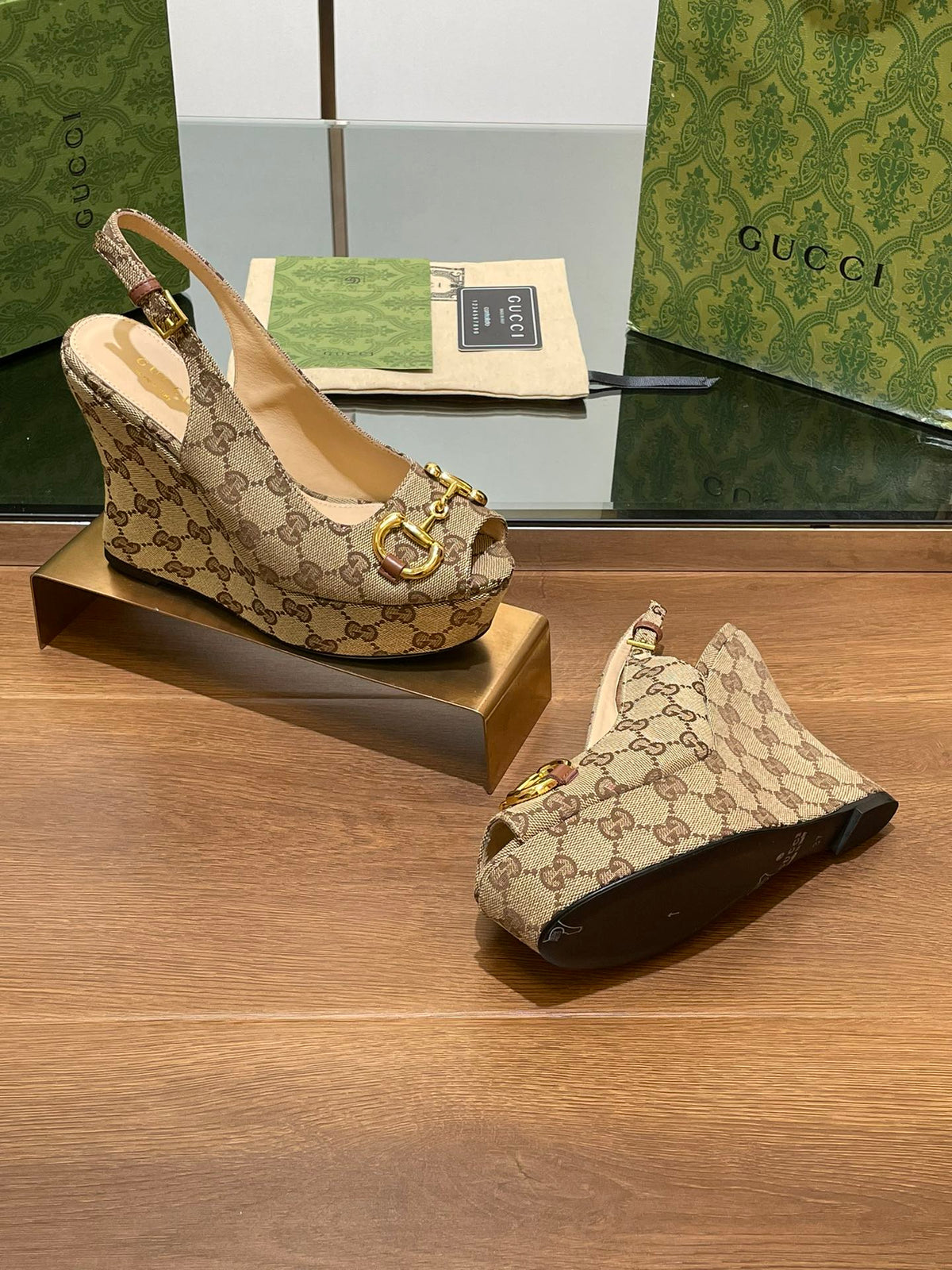 GG WEDGE PLATFORM IN CAMEL BROWN MONOGRAM JACQUARD FABRIC