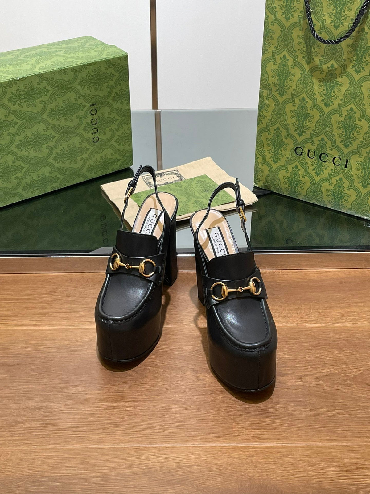 GG WOMEN'S HORSEBIT PLATFORM SLINGBACK IN BLACK CALFSKIN