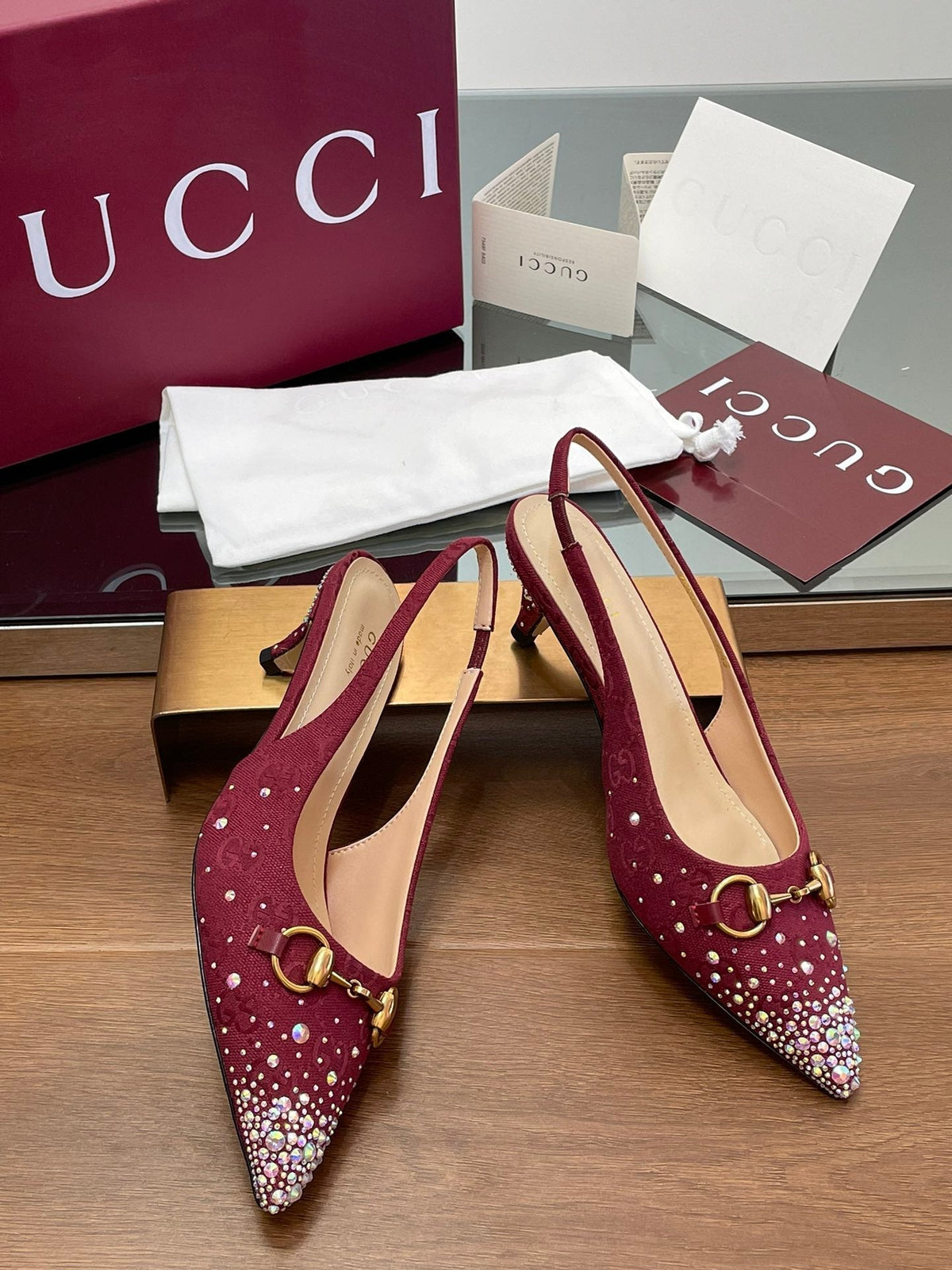 GG Horsebit Slingback 45MM Red Ebony Monogram Canvas Point Toe Crystal-Embellished