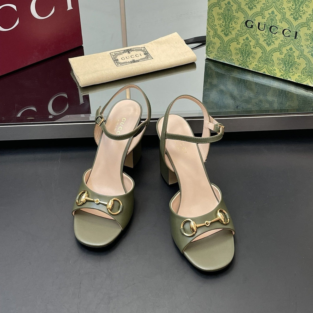 GG Women Horsebit High Heel Sandal Open Toe Olive Sheepskin 149217