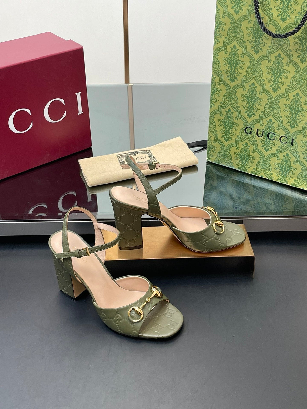 GG Women Horsebit Embossed High Heel Sandal Open Toe Olive Sheepskin 149219