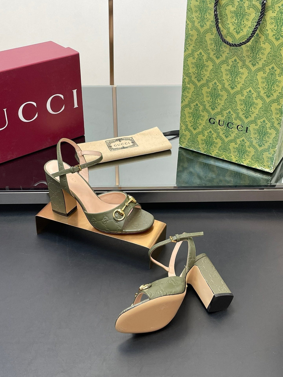 GG Women Horsebit Embossed High Heel Sandal Open Toe Olive Sheepskin 149219