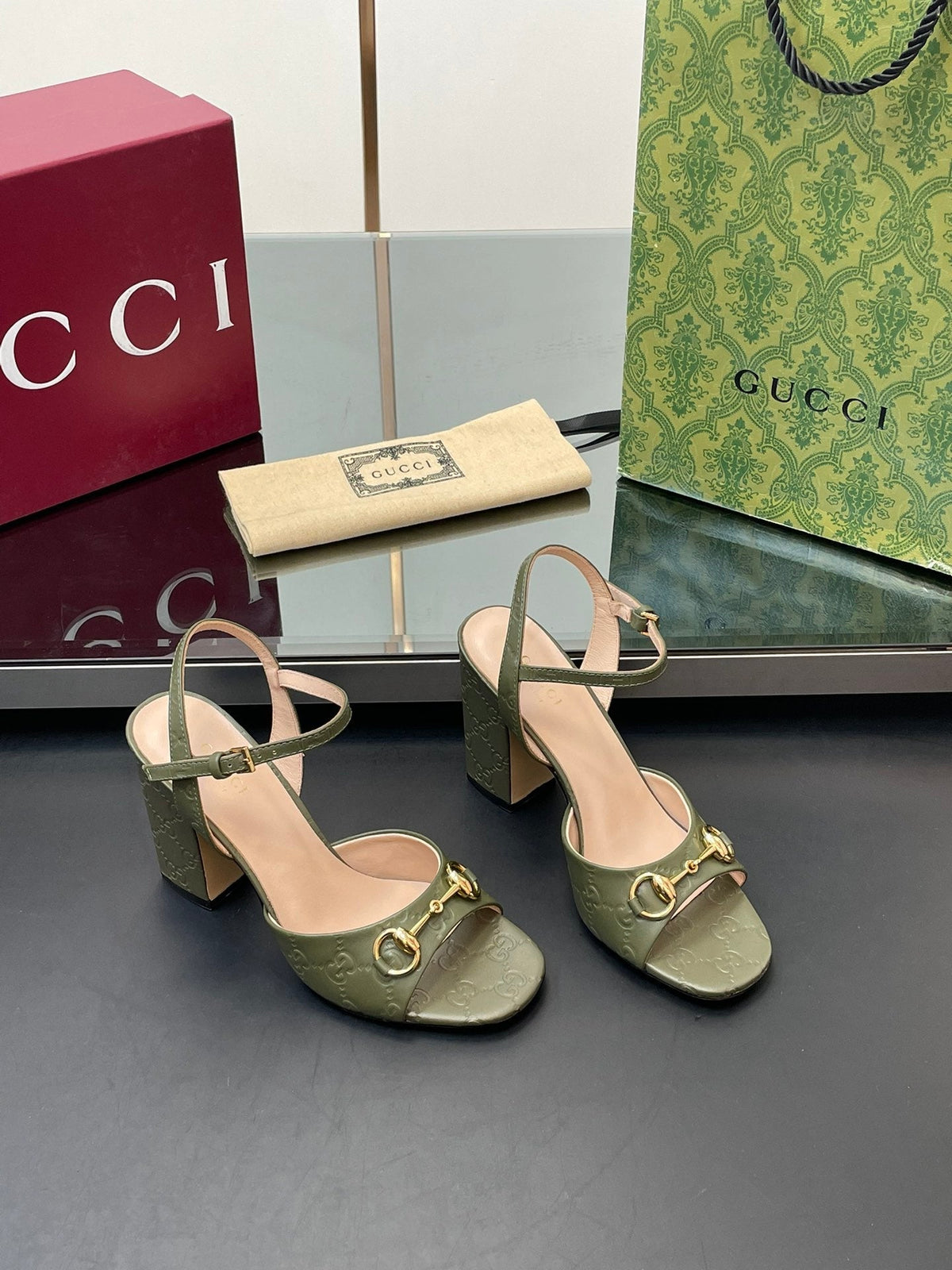 GG Women Horsebit Embossed High Heel Sandal Open Toe Olive Sheepskin 149219