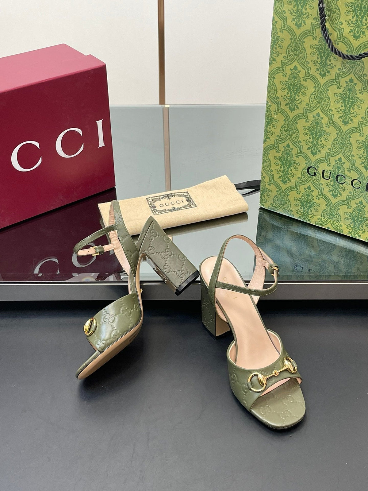 GG Women Horsebit Embossed High Heel Sandal Open Toe Olive Sheepskin 149219