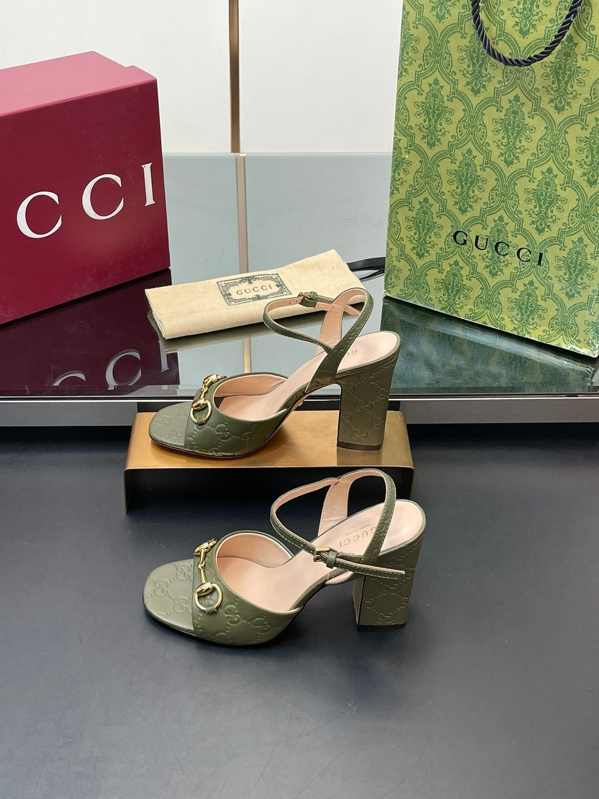 GG Women Horsebit Embossed High Heel Sandal Open Toe Olive Sheepskin 149219