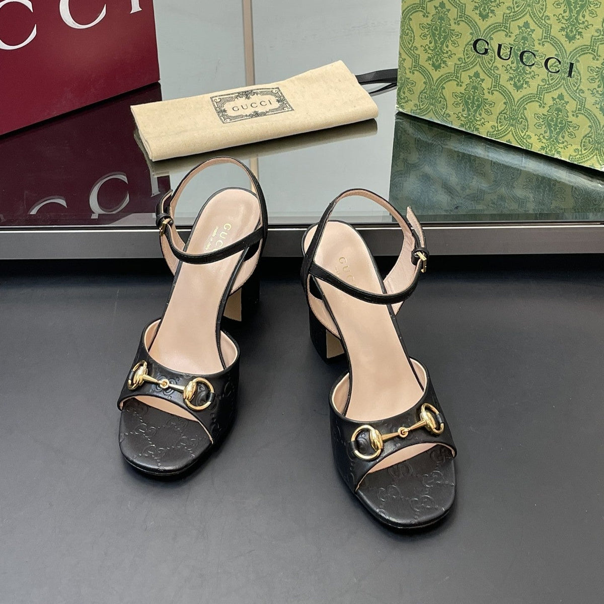 GG Women Horsebit Embossed High Heel Sandal Open Toe Black Sheepskin 149221