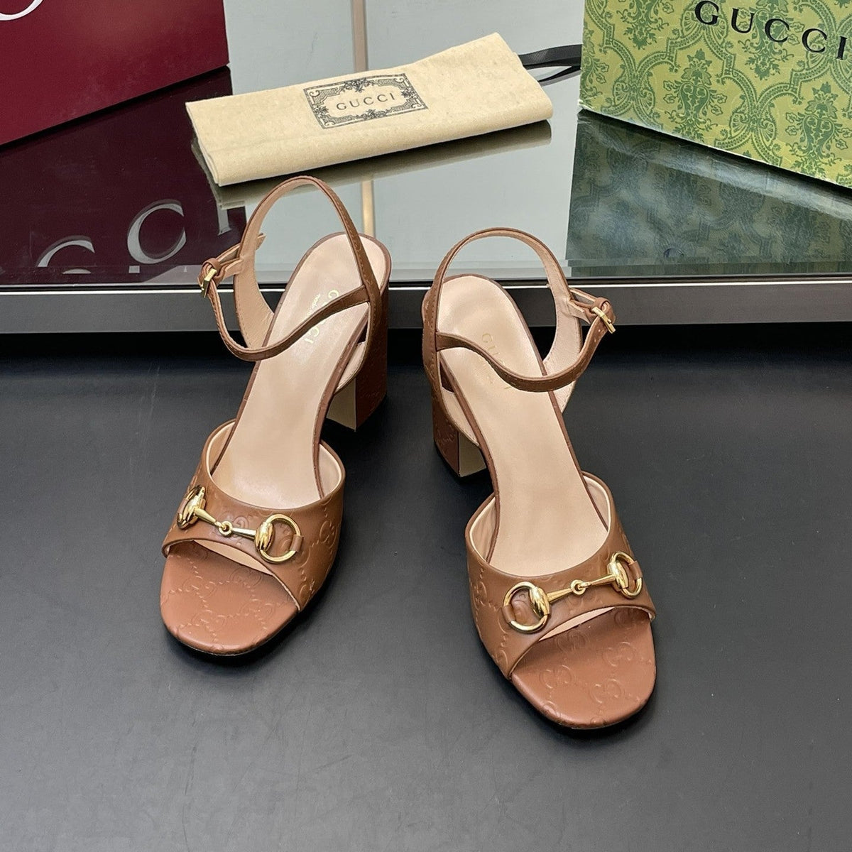 GG Women Horsebit Embossed High Heel Sandal Open Toe Gold Sheepskin 149225
