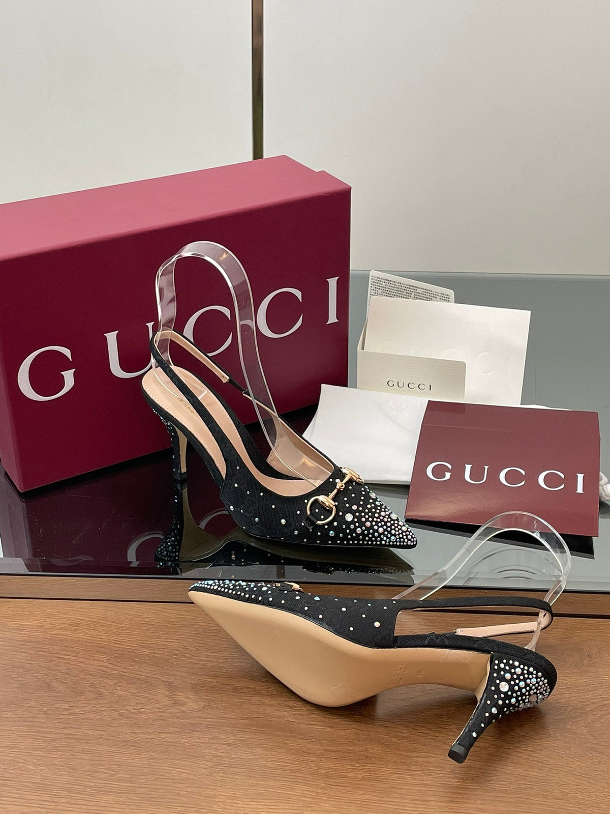 GG Horsebit Slingback 45MM Black Ebony Monogram Canvas Point Toe Crystal-Embellished
