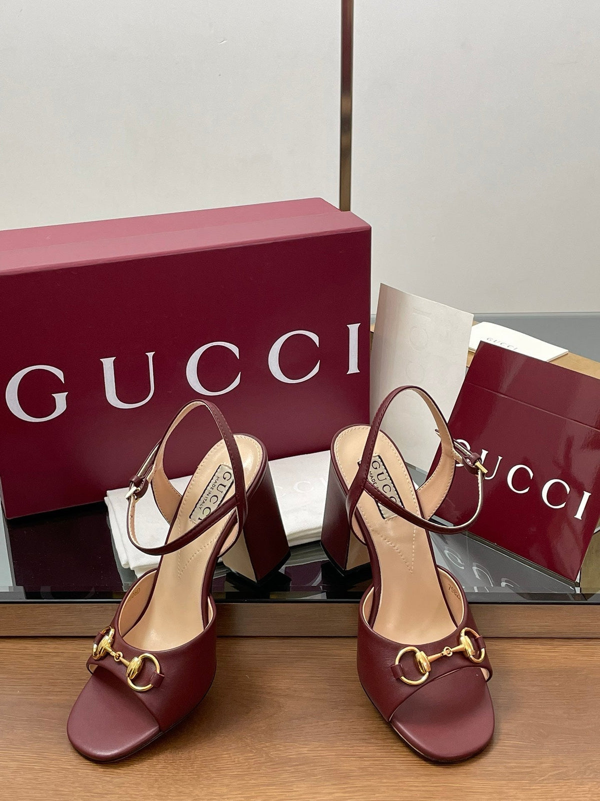GG Women Horsebit High Heel Sandal Open Toe Burgundy Sheepskin 225968