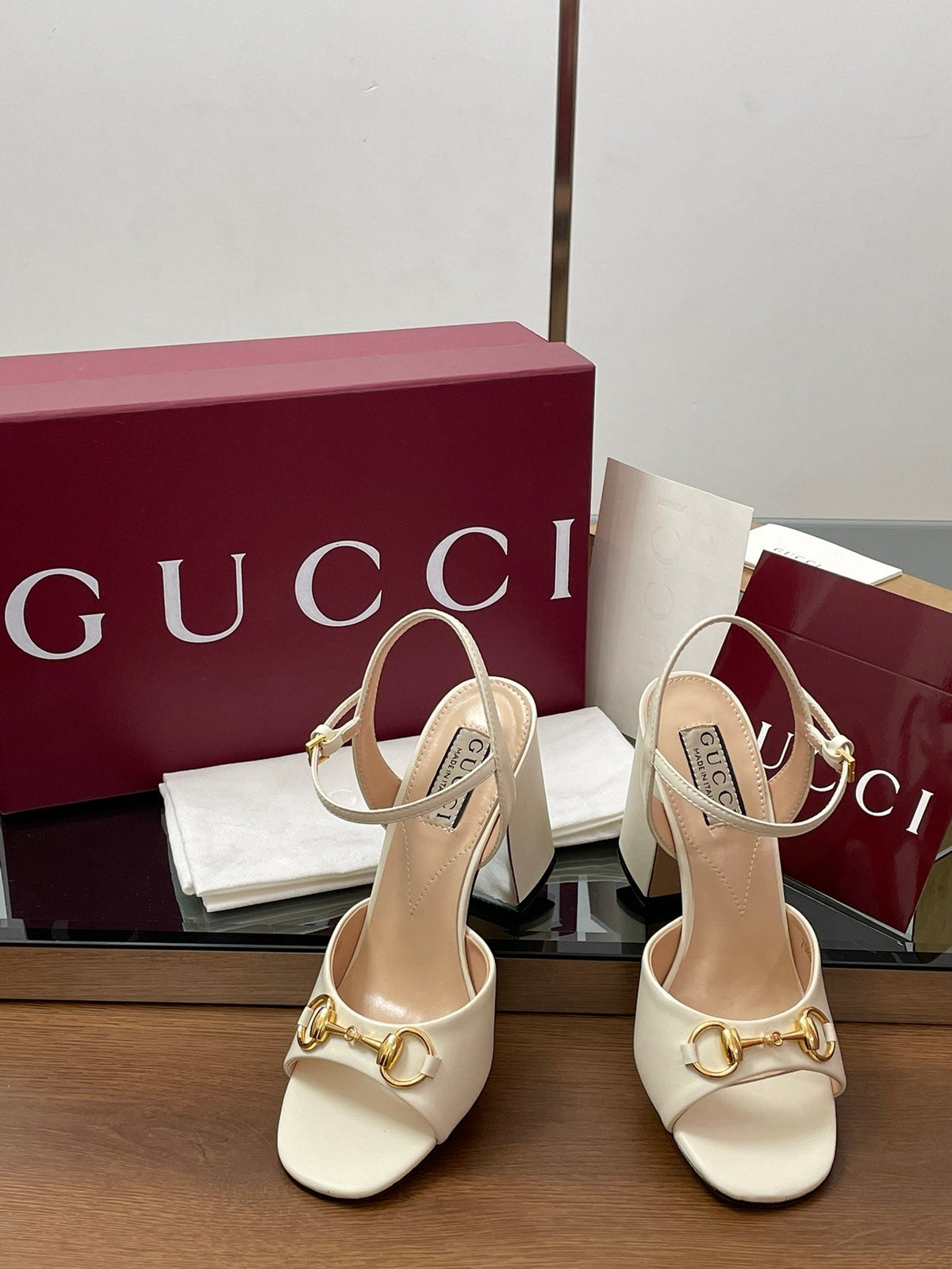 GG Women Horsebit High Heel Sandal Open Toe Cream Sheepskin 225969