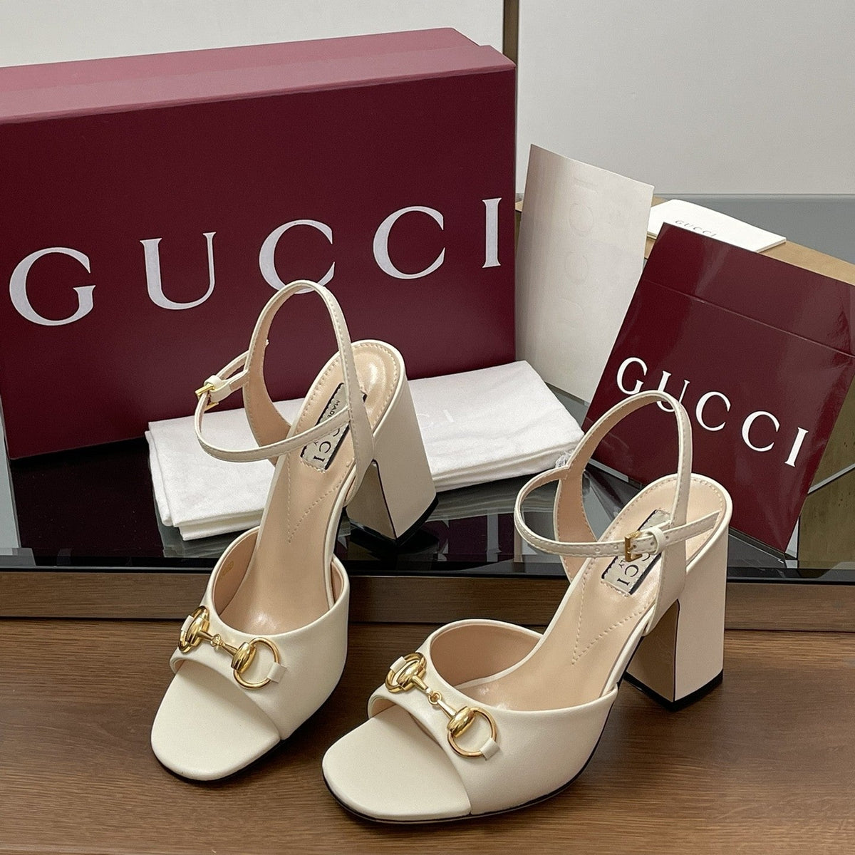GG Women Horsebit High Heel Sandal Open Toe Cream Sheepskin 225969