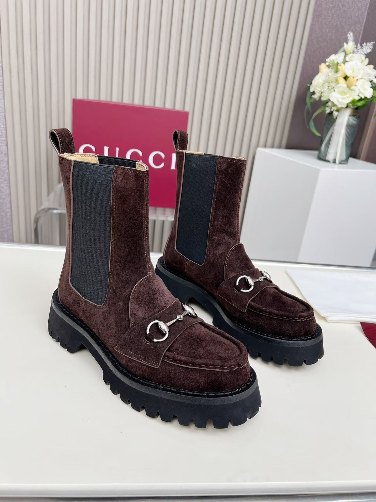 Gucci Ankle Boot with Horsebit Dark Burgundy Suede 476794