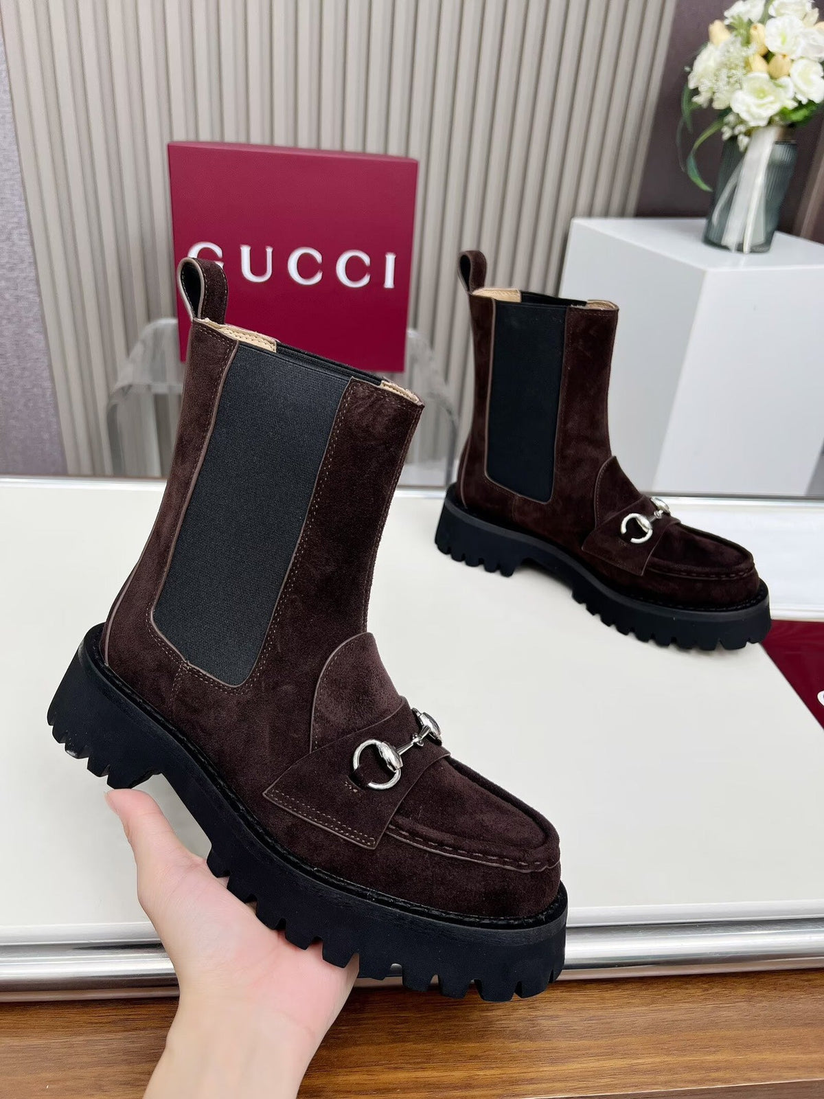 Gucci Ankle Boot with Horsebit Dark Burgundy Suede 476794