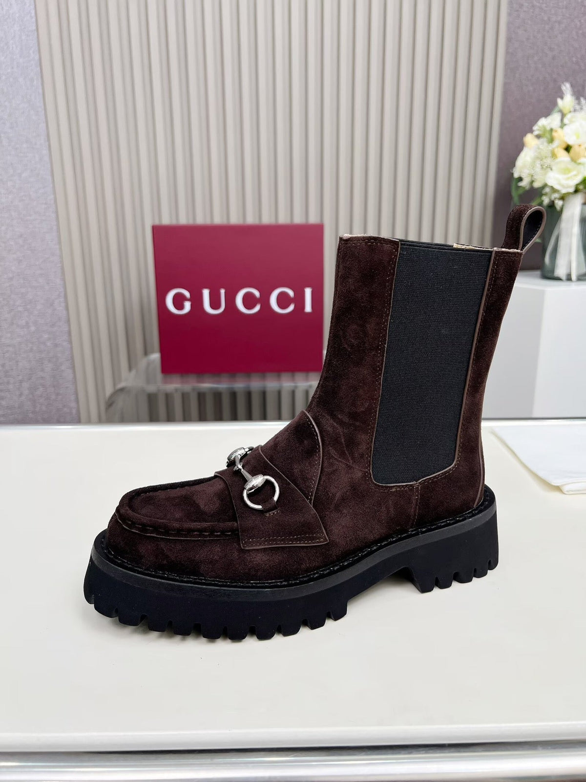 Gucci Ankle Boot with Horsebit Dark Burgundy Suede 476794