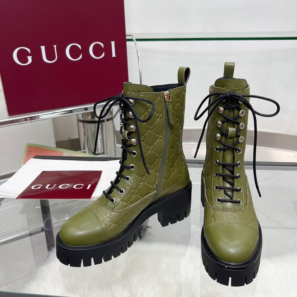 GG Platform Combat Boots Olive Green Logo Embossed Cowhide 476790