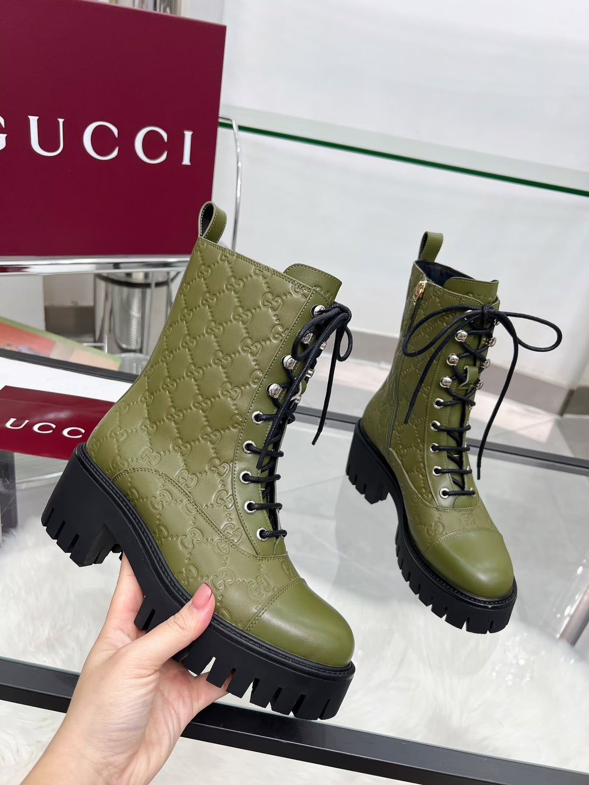 GG Platform Combat Boots Olive Green Logo Embossed Cowhide 476790