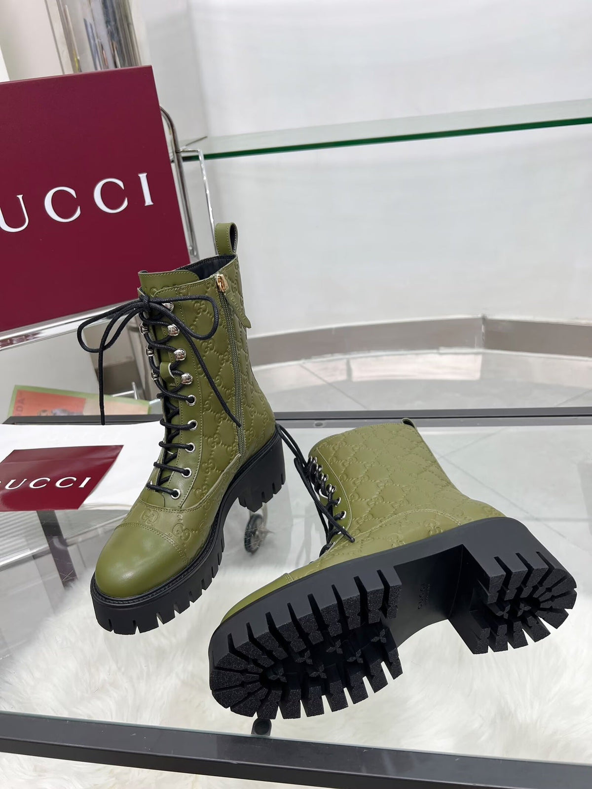 GG Platform Combat Boots Olive Green Logo Embossed Cowhide 476790