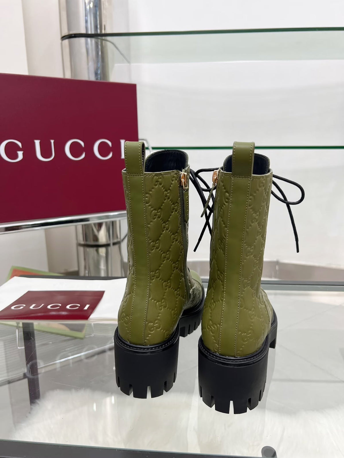 GG Platform Combat Boots Olive Green Logo Embossed Cowhide 476790