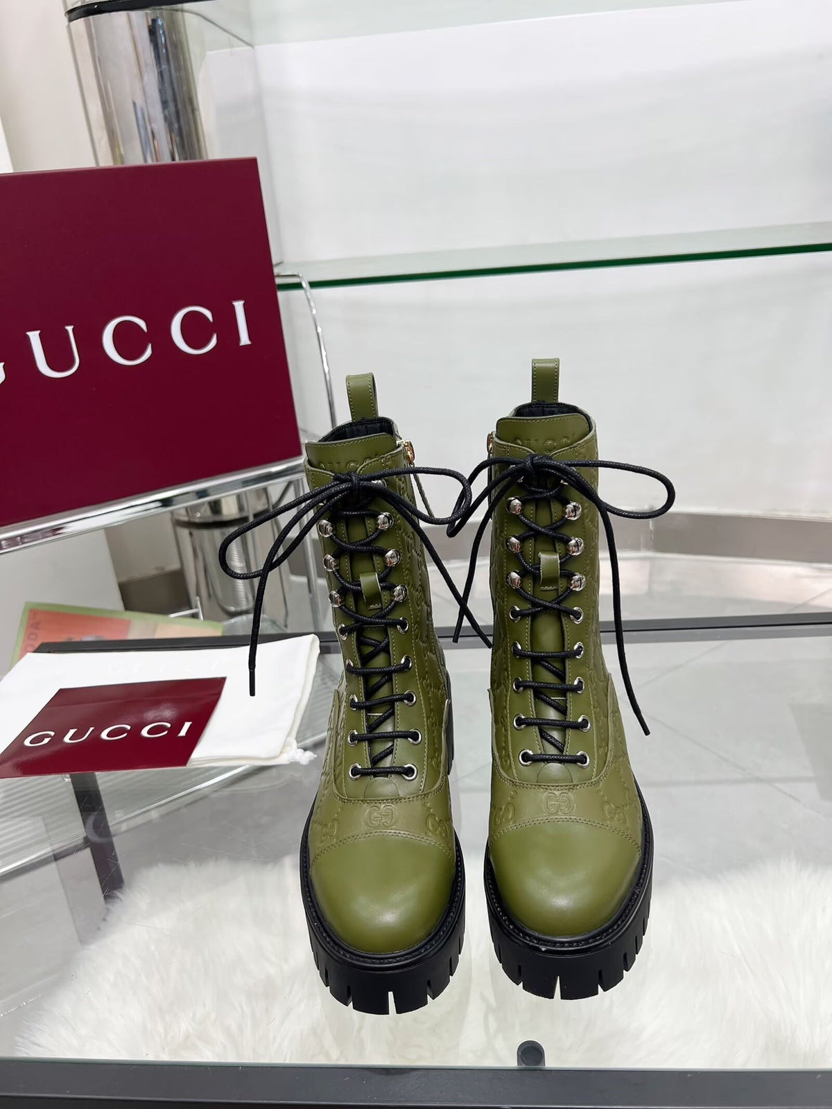 GG Platform Combat Boots Olive Green Logo Embossed Cowhide 476790
