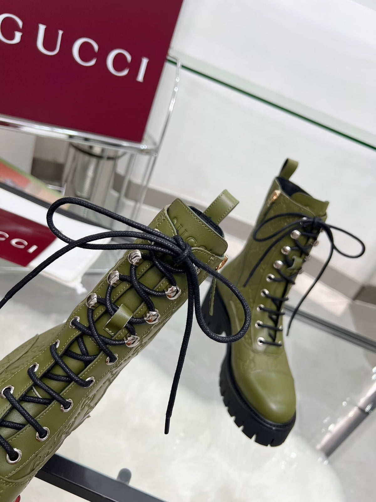 GG Platform Combat Boots Olive Green Logo Embossed Cowhide 476790