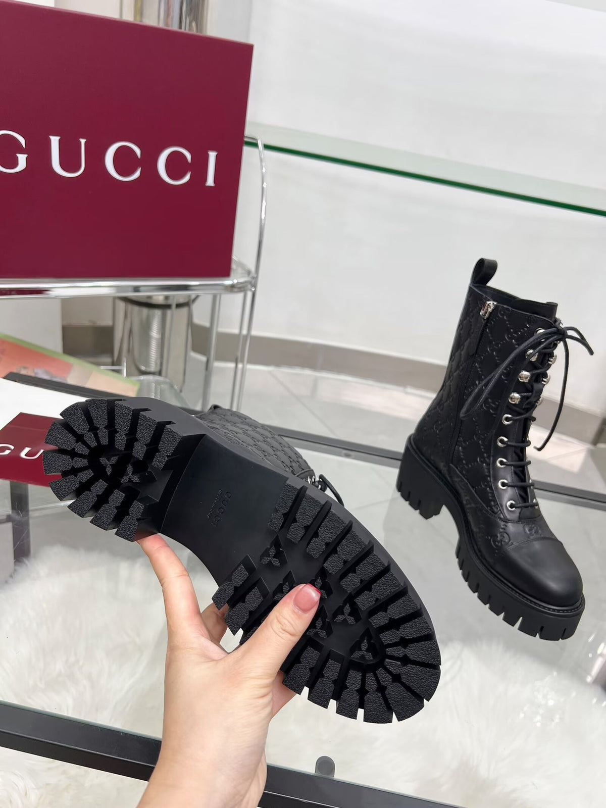 GG Platform Combat Boots Black Logo Embossed Cowhide 476791