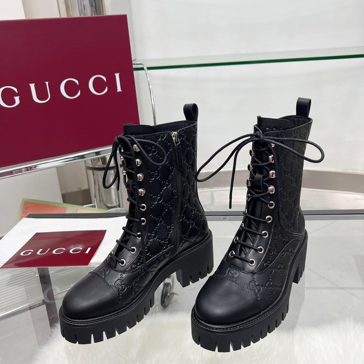 GG Platform Combat Boots Black Logo Embossed Cowhide 476791