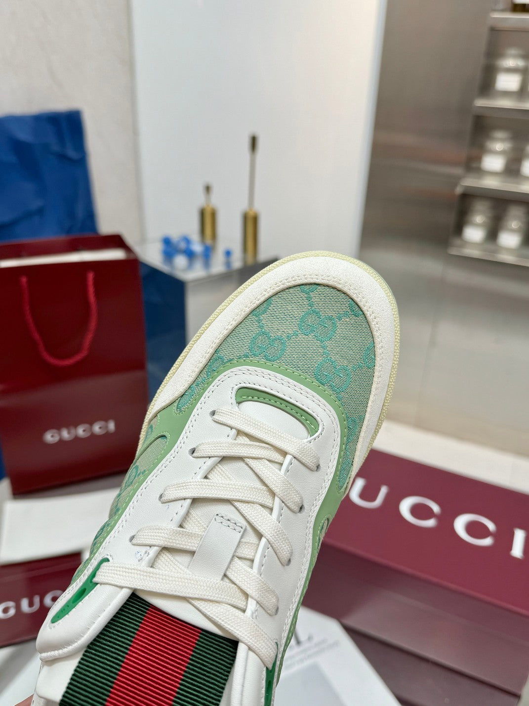 GG Re-Web Sneakers Light Green White Suede Cowhide Fabric 564720
