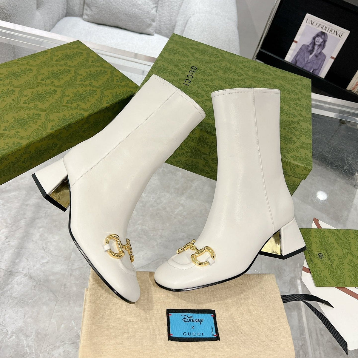 Gucci Horsebit Square Toe Mid-heeled Ankle Boots White Cowhide 490536