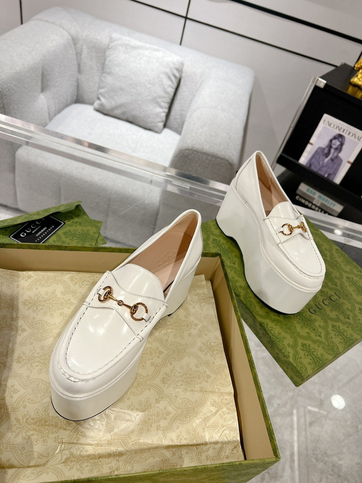 GG HORSEBIT PLATFORM LOAFER WHITE CALFSKIN